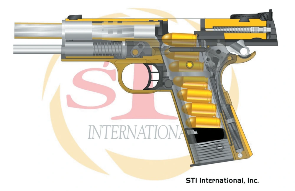 Pistolet STI Trojan w czasie pobierania kolejnego naboju